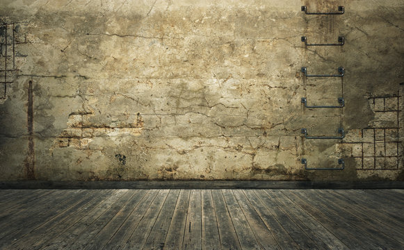 Old room with damaged concrete wall and wooden planks floor. 3d rendering