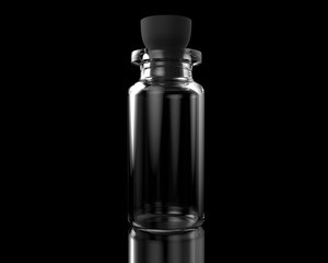 Isolated transparent empty glass vial with rubber cap on black background with reflections. 3D illustration
