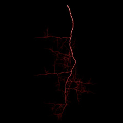 Isolated realistic electrical lightning strike visual effect on black night background. Energy change. 