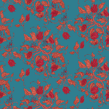 Turquoise and red seamless vintage floral pattern