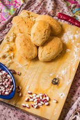 Mchadi with lobio - traditional Georgian corn bread with red beans inside. Lobiani pie. Vegetarian healthy food