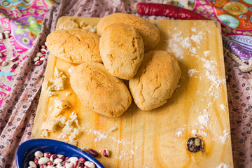 Mchadi with lobio - traditional Georgian corn bread with red beans inside. Lobiani pie. Vegetarian healthy food