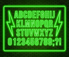 Fototapeta premium Neon green font. Bright capital letters with numbers on a dark background.