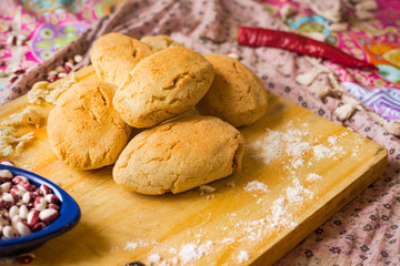 Mchadi with lobio - traditional Georgian corn bread with red beans inside. Lobiani pie. Vegetarian healthy food