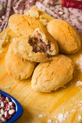 Mchadi with lobio - traditional Georgian corn bread with red beans inside. Lobiani pie. Vegetarian healthy food