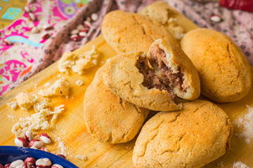 Mchadi with lobio - traditional Georgian corn bread with red beans inside. Lobiani pie. Vegetarian healthy food