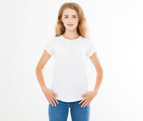 Obraz premium cute woman in t shirt isolated on white background,copy space,mock up,t-shirt woman