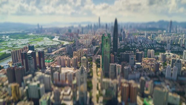 shenzhen cityscape sunny day aerial panorama 4k tilt shift timelapse china
