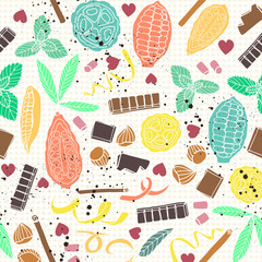 Colorful stylized cacao pods with chocolate bars and spices. seamless vector pattern background.