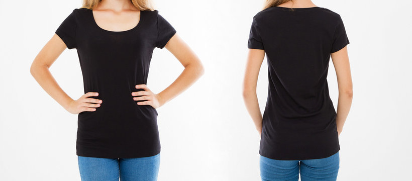 cropped portrait set,collage woman in black t shirt, front and back views,copy space