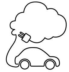 Black and white electric car sign with the cable plug for recharge cloud-shaped above the vehicle. Copy text.