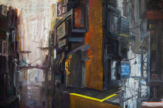 A dark futuristic cityscape with a river below and an industrial structures. There are a lot of wires, pipes and concrete around.  An oil painting on canvas.