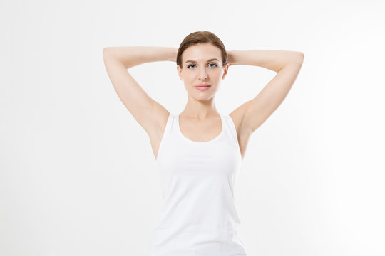 Blank template t shirt. Beauty Woman with perfect skin armpits and epilation isolated on white background. Laser hair removal. Brunette girl holding arms up and showing clean underarms. Copy space