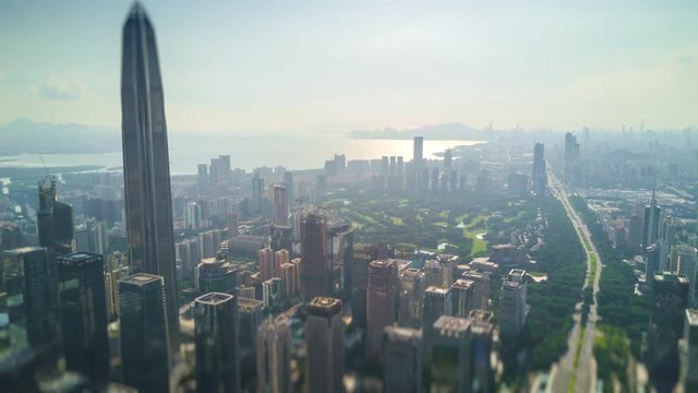 shenzhen cityscape sunset sky downtown KK100 building aerial panorama 4k tilt shift timelapse china
