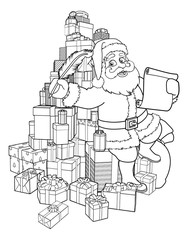 Santa Claus checking Christmas naughty or nice gift list or writing letter to child cartoon scene coloring outline illustration