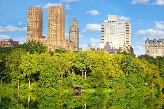 Central Park Lake and Upper West Side buildings in New York City