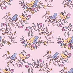 Vintage Floral Seamless Background with Birds, watercolor Illustration