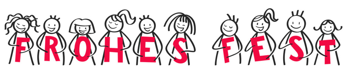 Weihnachten, Frohes Fest, Banner, Strichfiguren halten goldene Buchstaben, Sterne und Schneeflocken