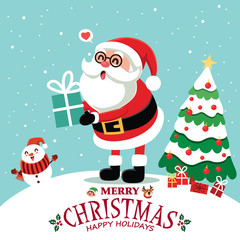 Vintage Christmas poster design with vector Reindeer, Santa Claus, snowman, elf characters.