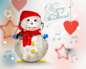 Merry Christmas card with cute snowman Vector watercolor. Soft background. Colorful decor elements