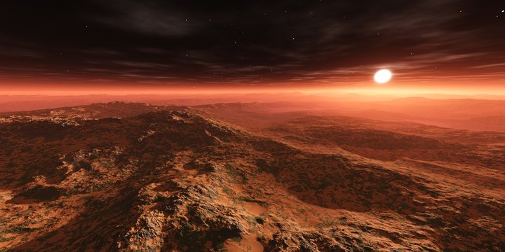 Mars at sunset, the surface of the planet under the star,
3d rendering
