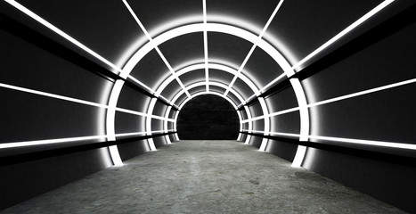 Tunnel, neon light, smoke. 3D Rendering.