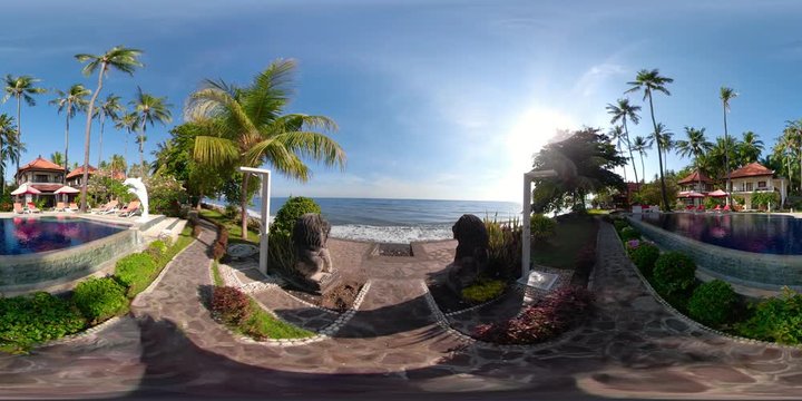 vr360 swimming pool in luxury hotel with sun beds by sea. tropical resort with pool. Travel concept.