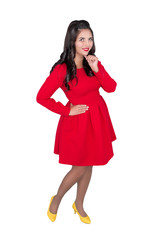 Beautiful happy plus size woman in red dress isolated