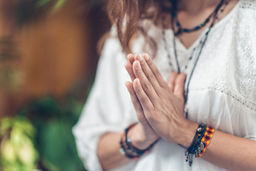 Yoga Woman`s Hands. Prayer position - obrazy, fototapety, plakaty