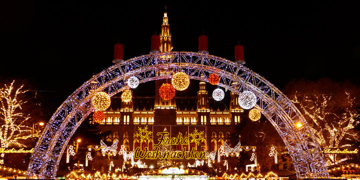 Merry Christmas as the writing says at Vienna Christmas market at the City Hall in the Austrian capital