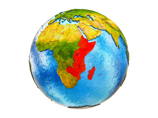 East Africa on 3D model of Earth with country borders and water in oceans. 3D illustration isolated on white background.