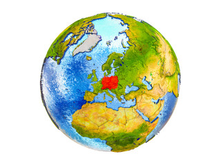 Central Europe on 3D model of Earth with country borders and water in oceans. 3D illustration isolated on white background.