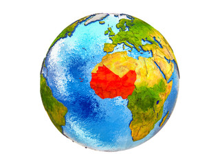 Western Africa on 3D model of Earth with country borders and water in oceans. 3D illustration isolated on white background.