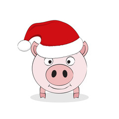 Cute funny pig in Santa hat. Symbol of Chinese New Year 2019. Pink piggy isolated on white background. Vector illustration.
