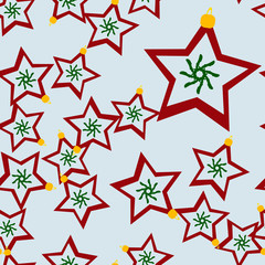 Obraz premium Winter seamless light blue pattern with chaotic Christmas decorations - stars in yellow, green and red colors