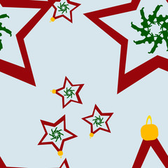 Winter seamless light blue pattern with chaotic Christmas decorations - stars in yellow, green and red colors