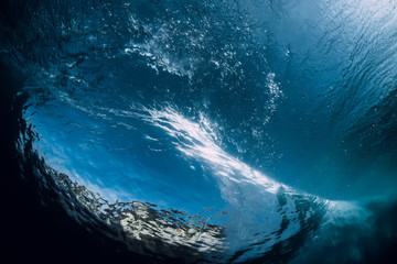 Underwater wave. Ideal barrel wave crashing in ocean.