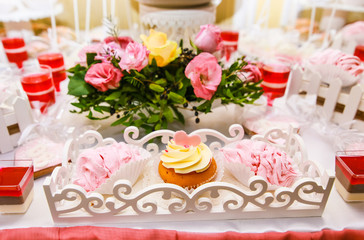 Obraz na płótnie Canvas Candy bar for wedding guests. Delicious Cakes