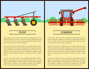 Plow and Combine Posters Set Vector Illustration