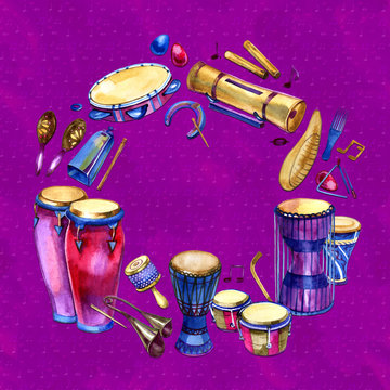 White round background with musical percussion instruments. Frame. Watercolor music illustration.