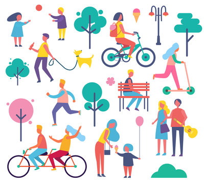 Park Full of People Icons Set Vector Illustration