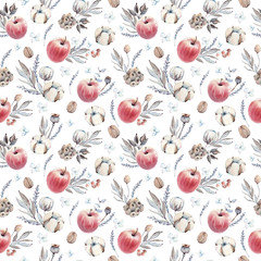 hand drawn apples and cotton flowers seamless pattern