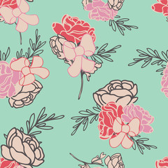 Vector Green Roses and Ribbons Seamless Pattern