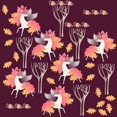 Fototapeta na wymiar Endless animal pattern. Fairy winged unicorns with manes and tails in shape of autumn leaves and crown in form of lily flowers in the forest. Print for fabric in vector.