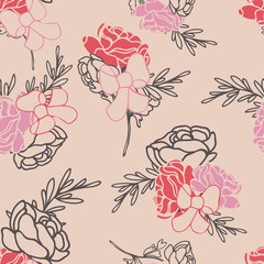 Vector Roses and Ribbons Seamless Pattern