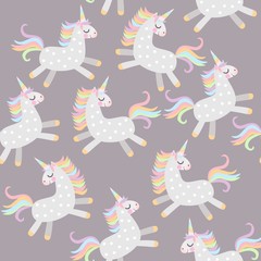 Seamless pattern with cute unicorns frolicking in the evening sky  in vector. Print for fabric.