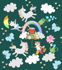 Cute fairy pattern with funny animals: pony unicorn, kitten caticorn, little fox, blue butterflies. Clouds and rainbow,teapot and cups of tea. Wallpaper, poster, postcard.