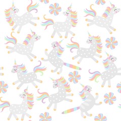 Seamless pattern for baby. Cute cartoon unicorns and caticorns and abstract flower isolated on white background in vector. Print for fabric, wallpaper.