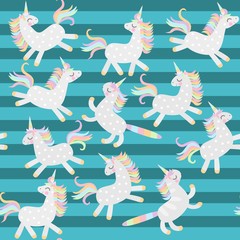 Seamless pattern with cute frolicking unicorns and caticorns on striped green background in vector. Print for fabric.