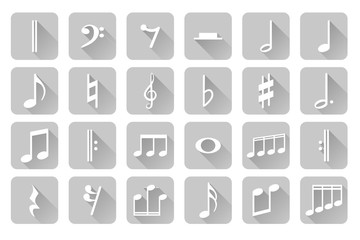 Detailed icon set of different music notes and signs